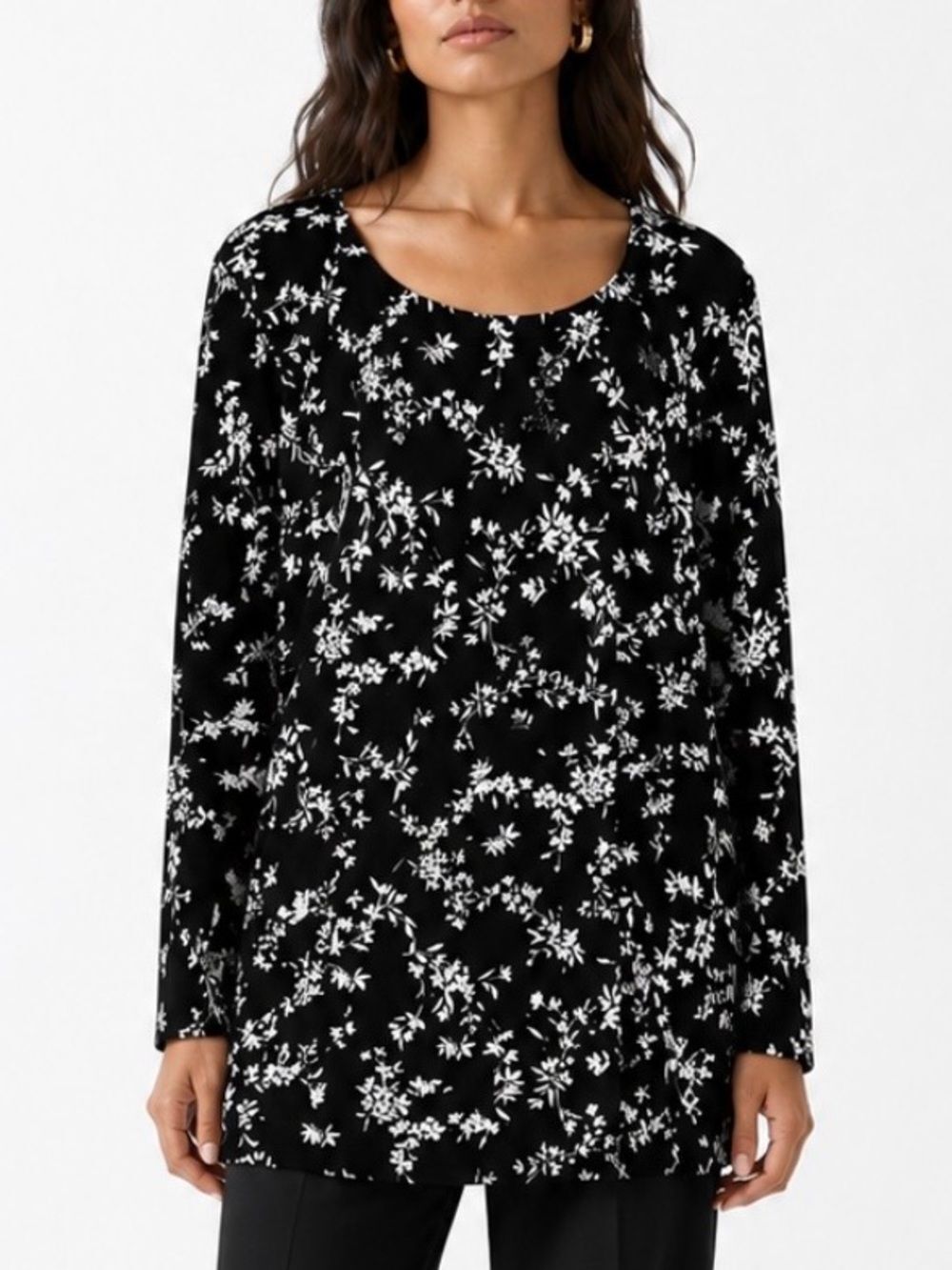 J. JILL Black & White Floral Scoop Neck Cotton Tunic Top Size XL